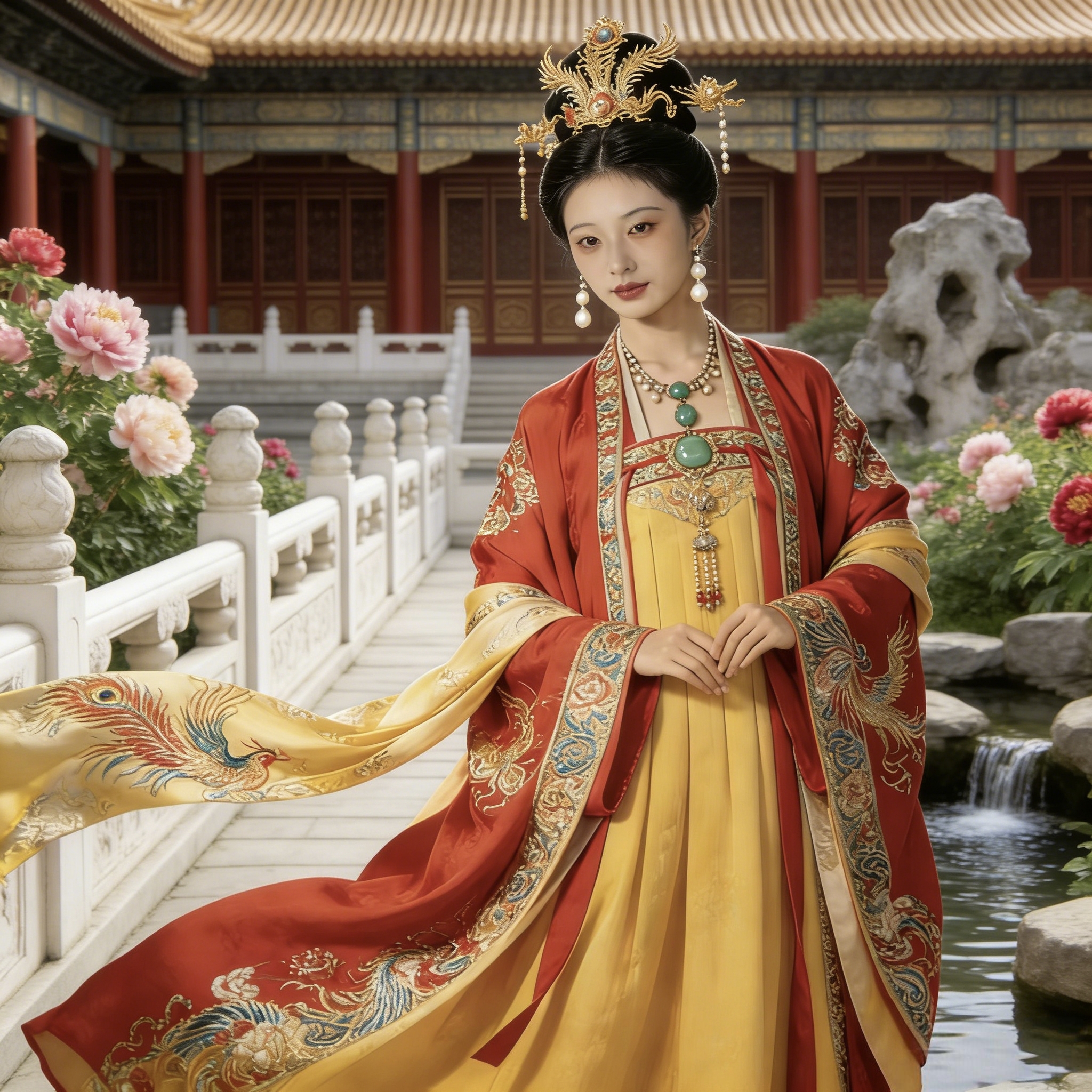 Home tang dynasty phoenix embroidered hanfu (red & yellow)